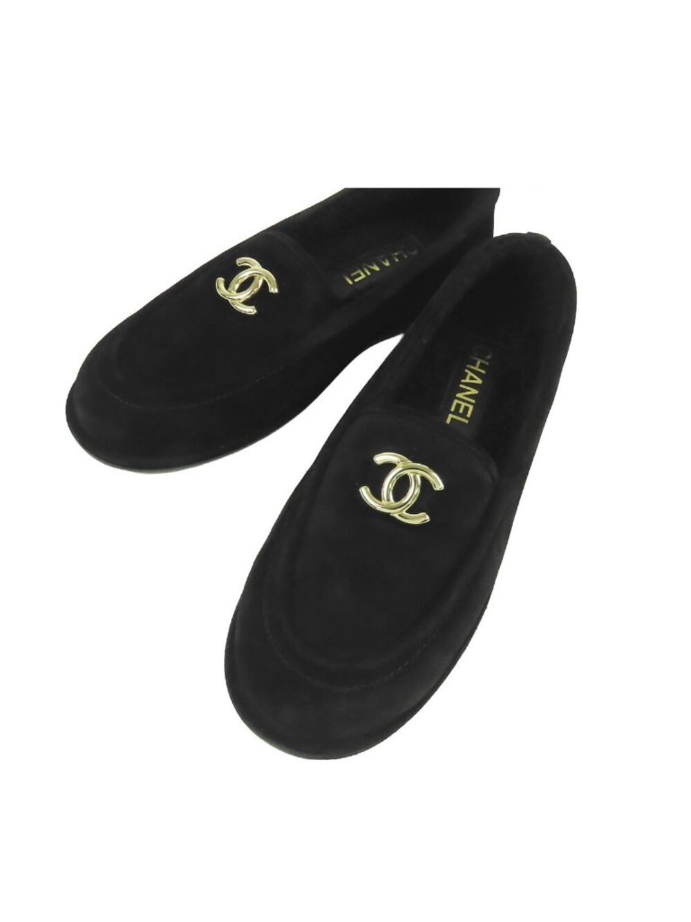 Chanel Moccasins Black Suede Loafers CC Logo